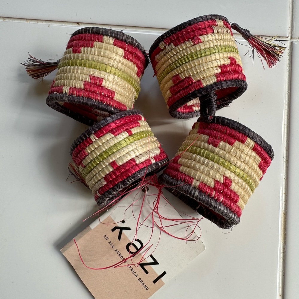 NWT Kazi napkin ring set of 4, red, beige, brown, handmade Africa